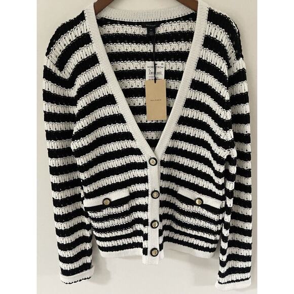 Halogen Striped Womens Size M Cardigan Sweater Woven Black White Coastal New - Picture 1 of 14
